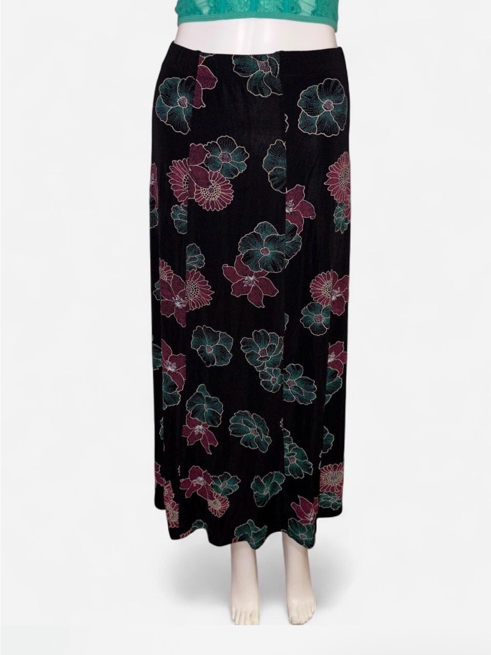90’s Y2K Maxi Skirt with Teal and Plum Floral Print